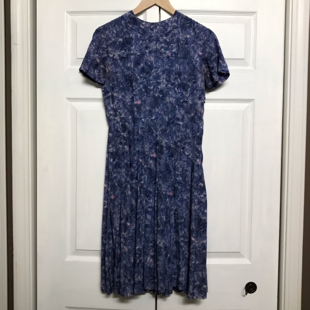 Vintage Mock Neck Water Lilies Dress Pleated Skirt